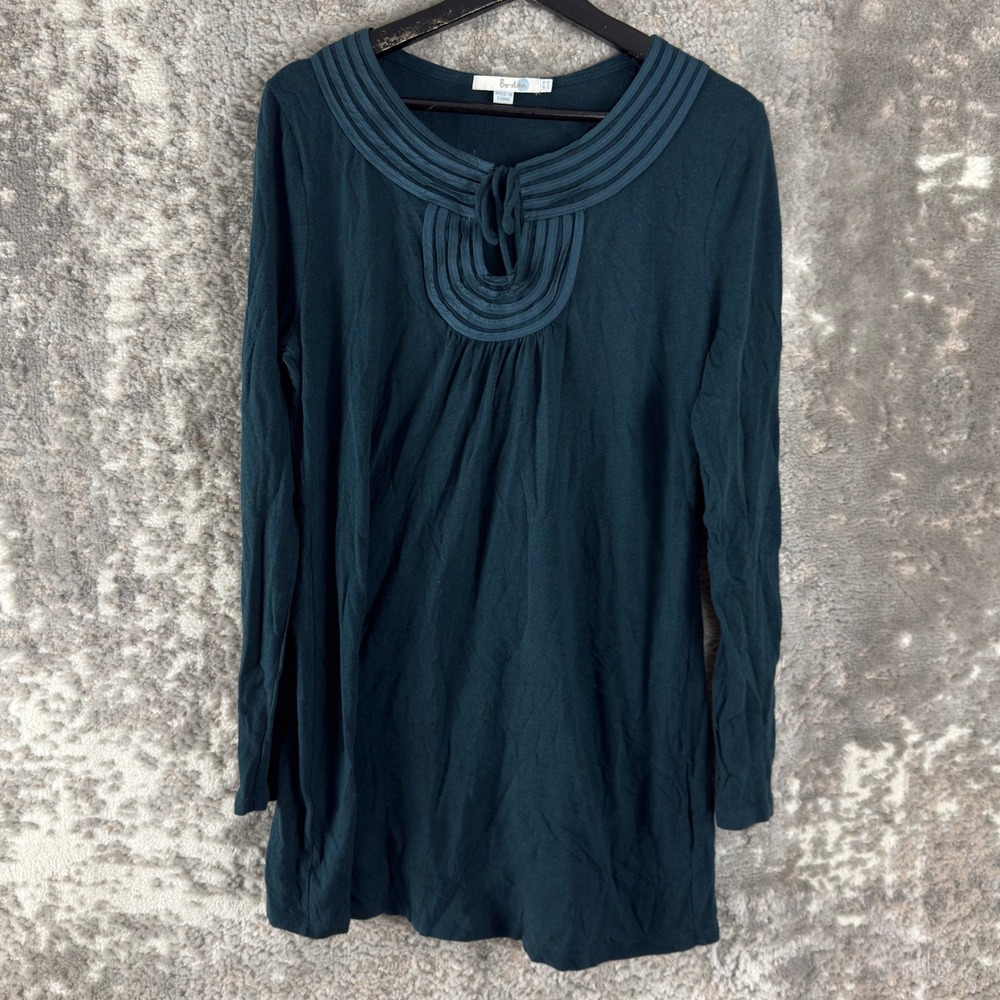 Boden Size 14 Pleated Keyhole Cotton Wool Blend Tunic Top Teal Long Sleeve Women